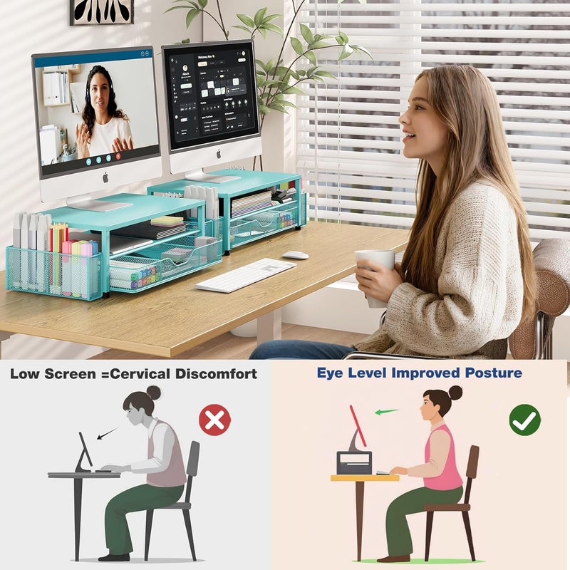 OPNICE Desk Organizers and Accessories, 2-Tier Computer Monitor Stand Riser with Drawer and 2 Pen Holders, Laptop Stand, Office Desk Accessories for Office Supplies, Teal Blue - Image 5